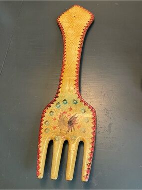 Hand-Painted Decorative ceramic Fork in Yellow with Rooster Motif 17in long